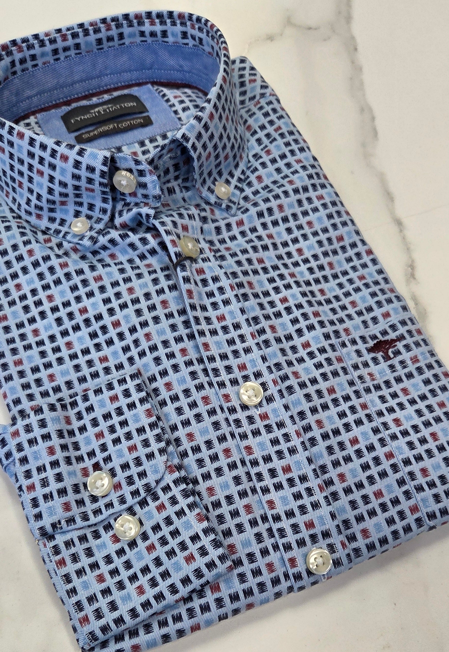FYNCH HATTON PATTERN L/S SHIRT - BLUE