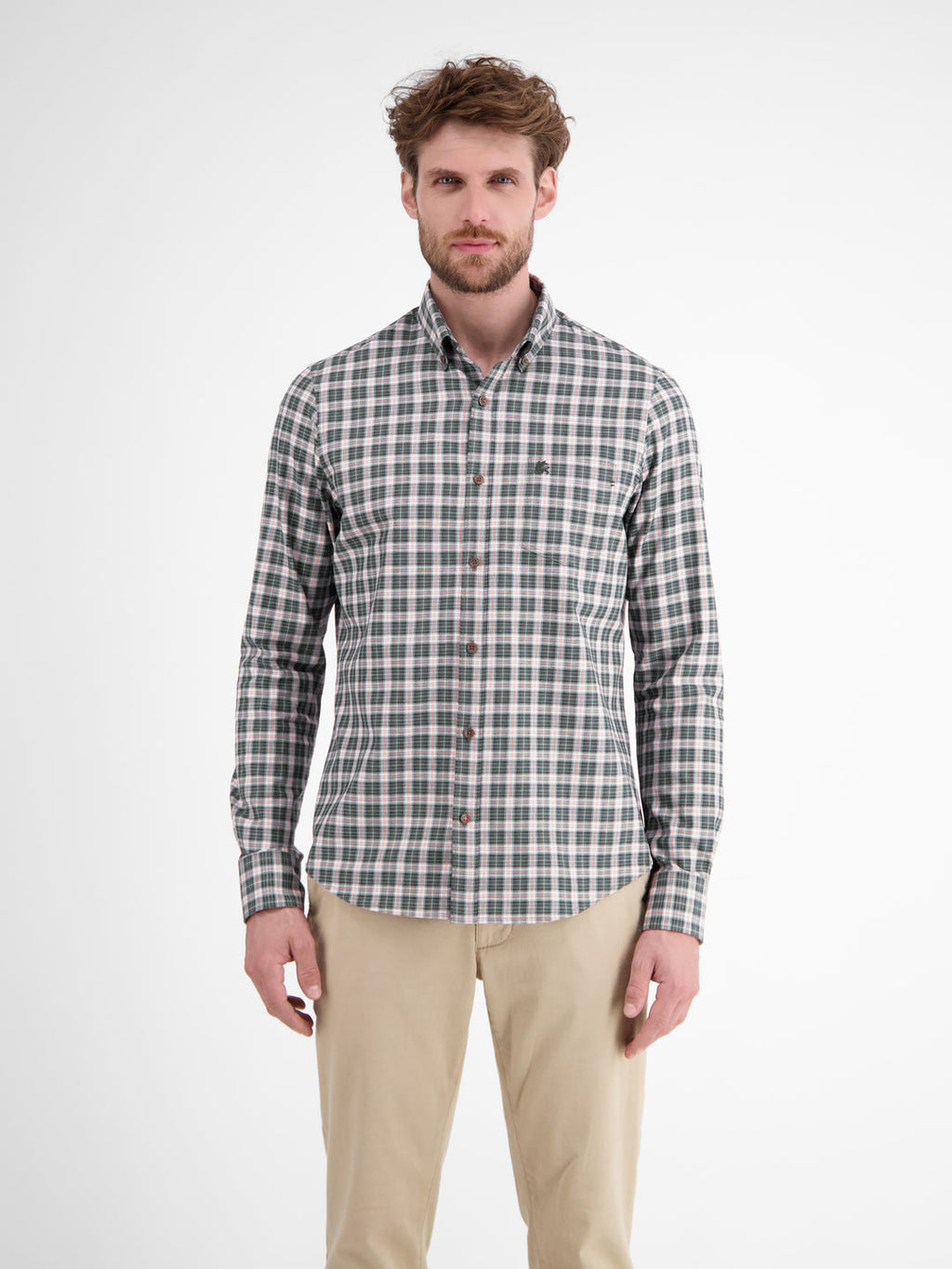 LERROS BRUSHED COTTON CHECK L/S SHIRT - GREEN
