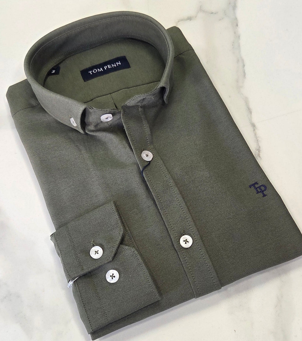 TOM PENN OXFORD COTTON L/S SHIRT - KHAKI