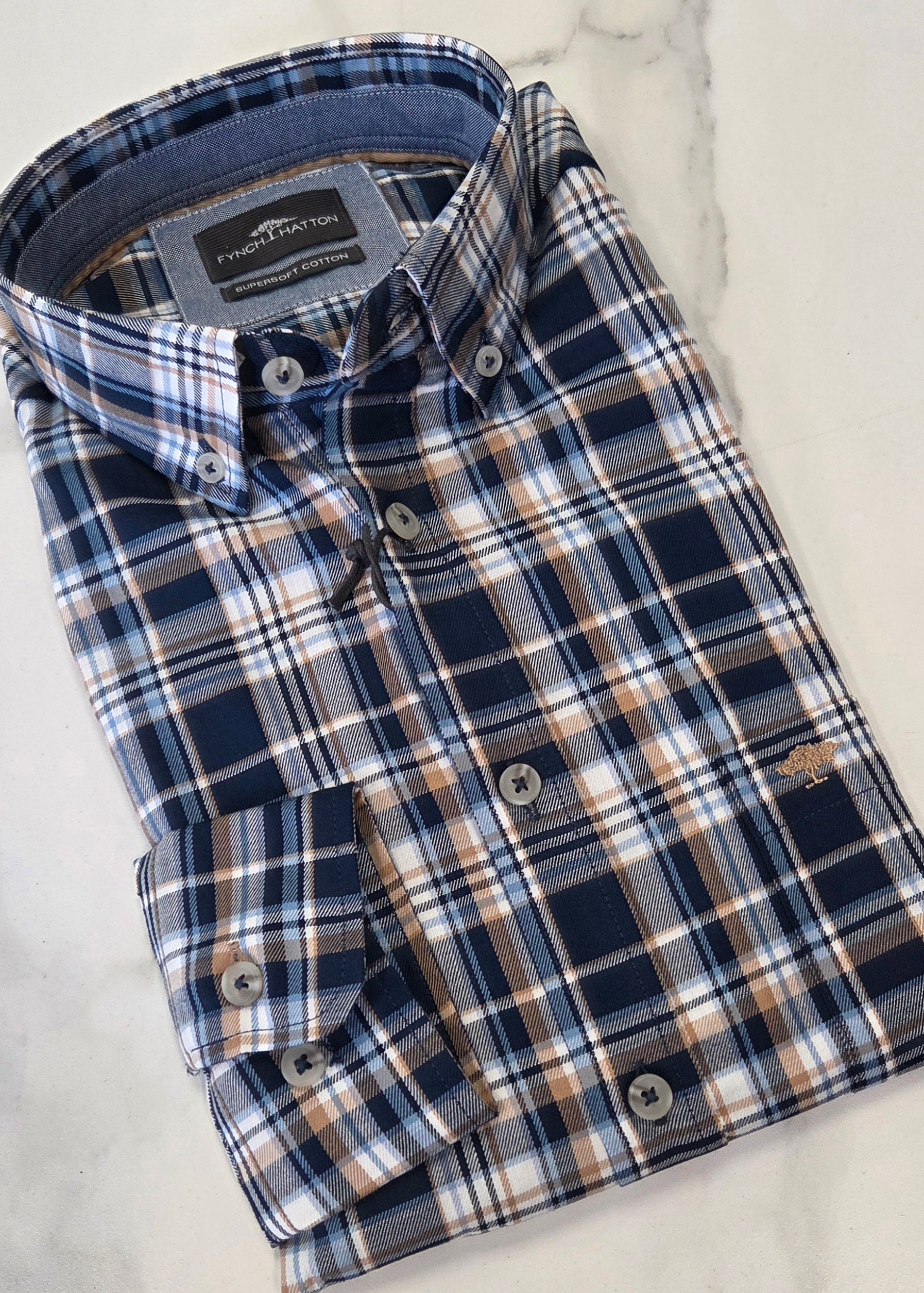 FYNCH HATTON CHECK L/S SHIRT  - NAVY