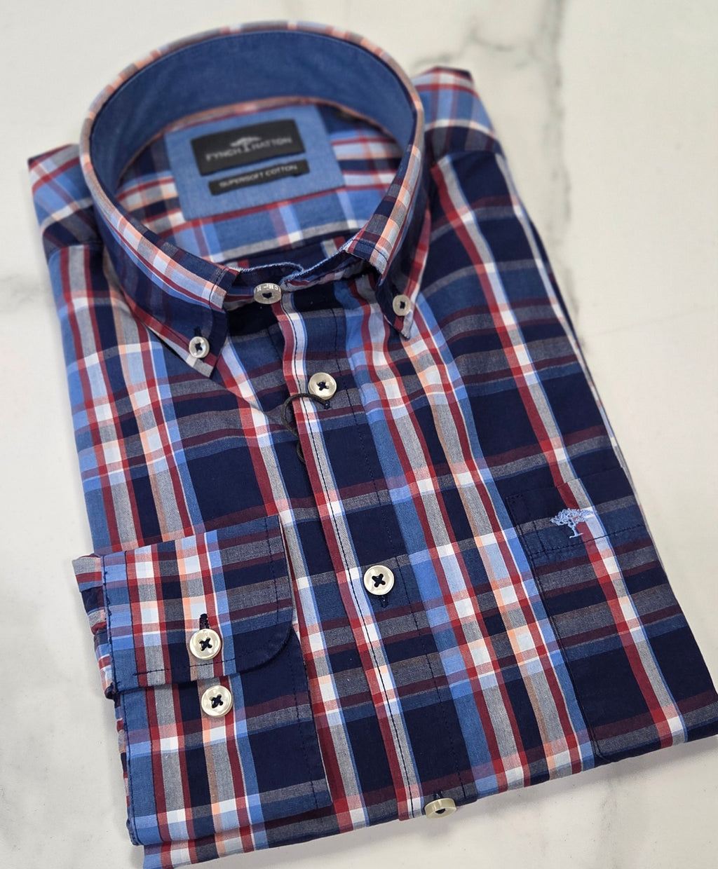 FYNCH HATTON COMBI CHECK L/S SHIRT- NAVY/RED