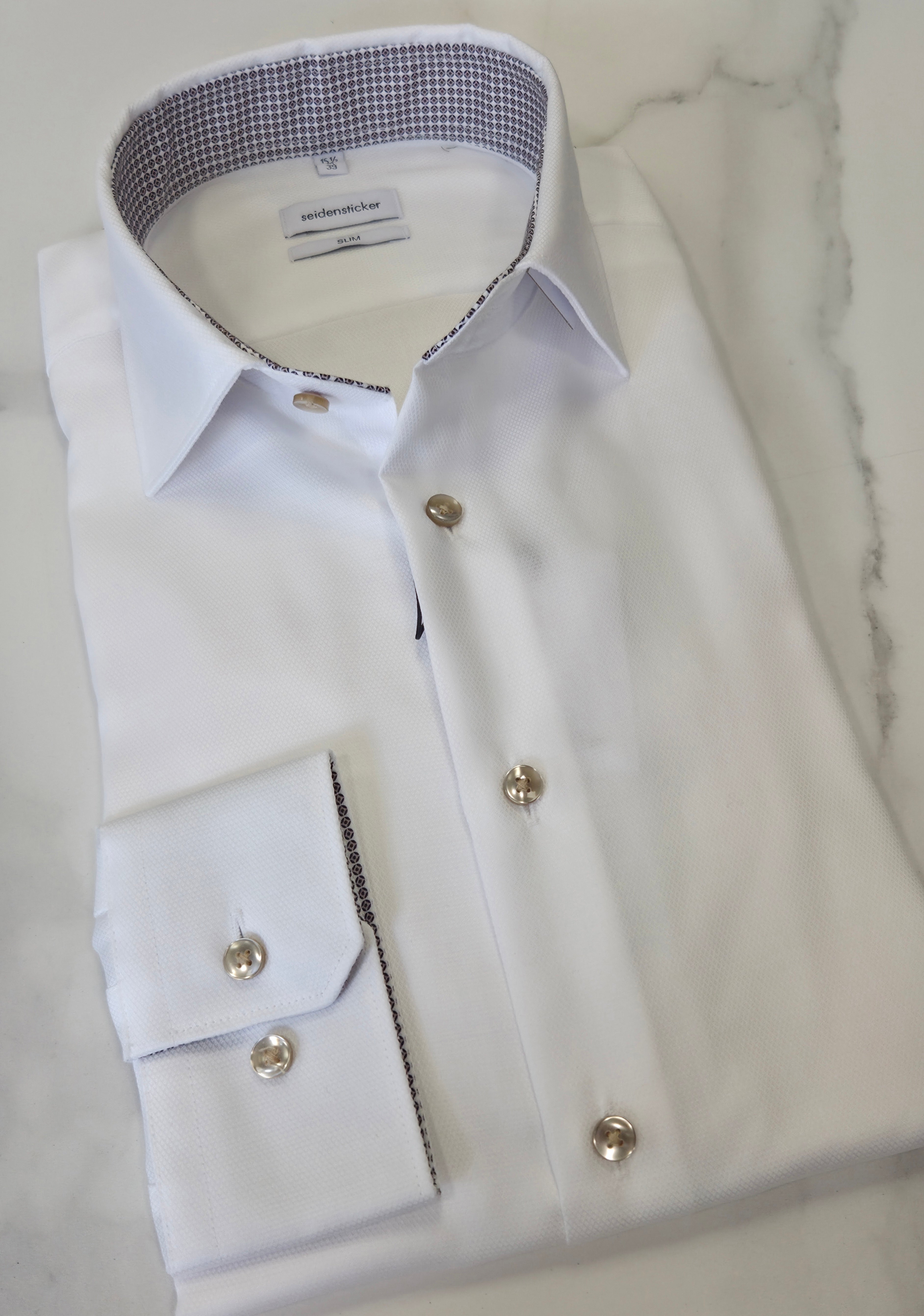 SEIDENSTICKER CIRCLE TRIM COLLAR/CUFF SLIM FIT L/S SHIRT (01.849981)- WHITE