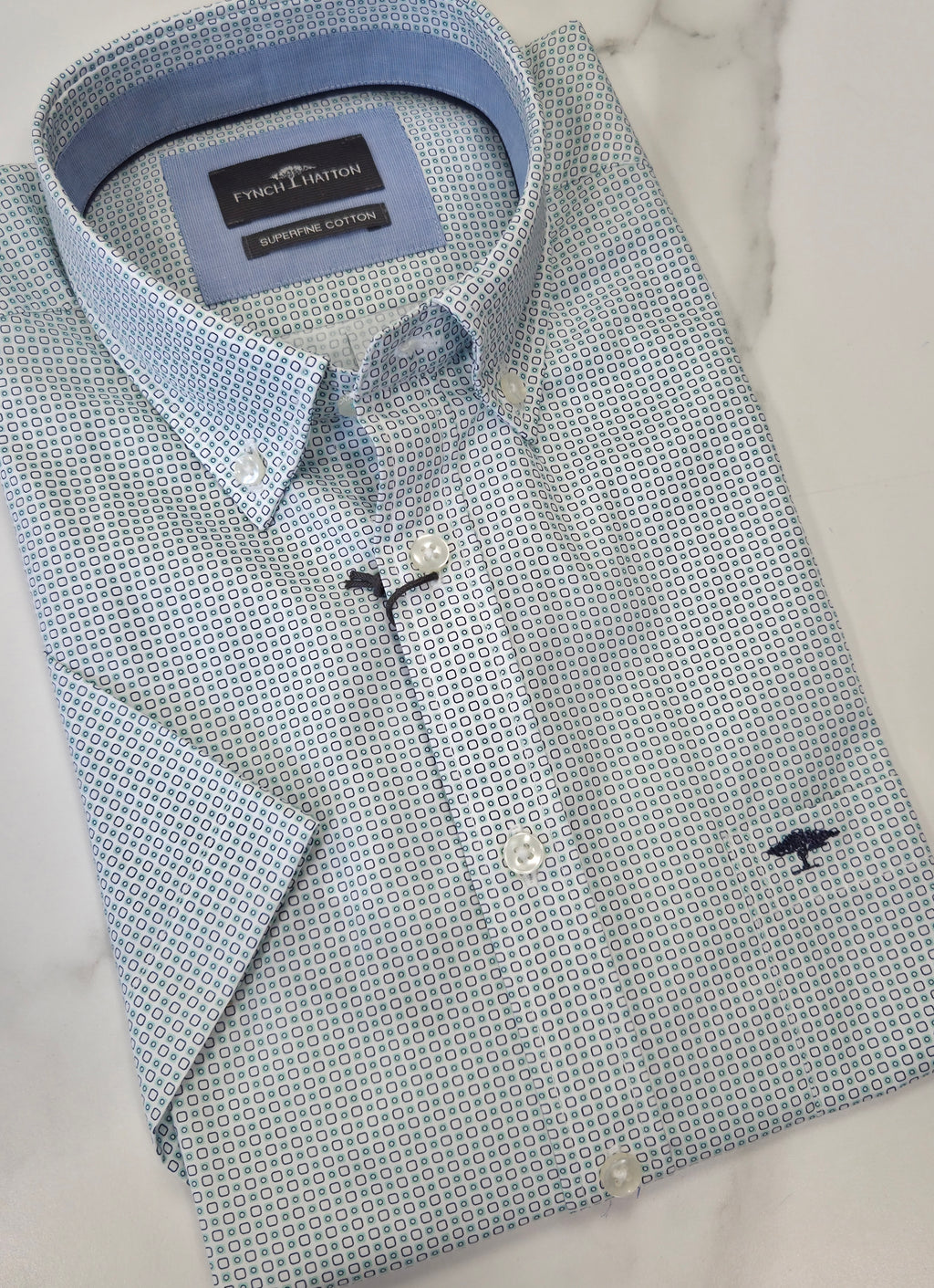FYNCH HATTON SQUARE PATTERN PRINT S/S SHIRT  - GREEN