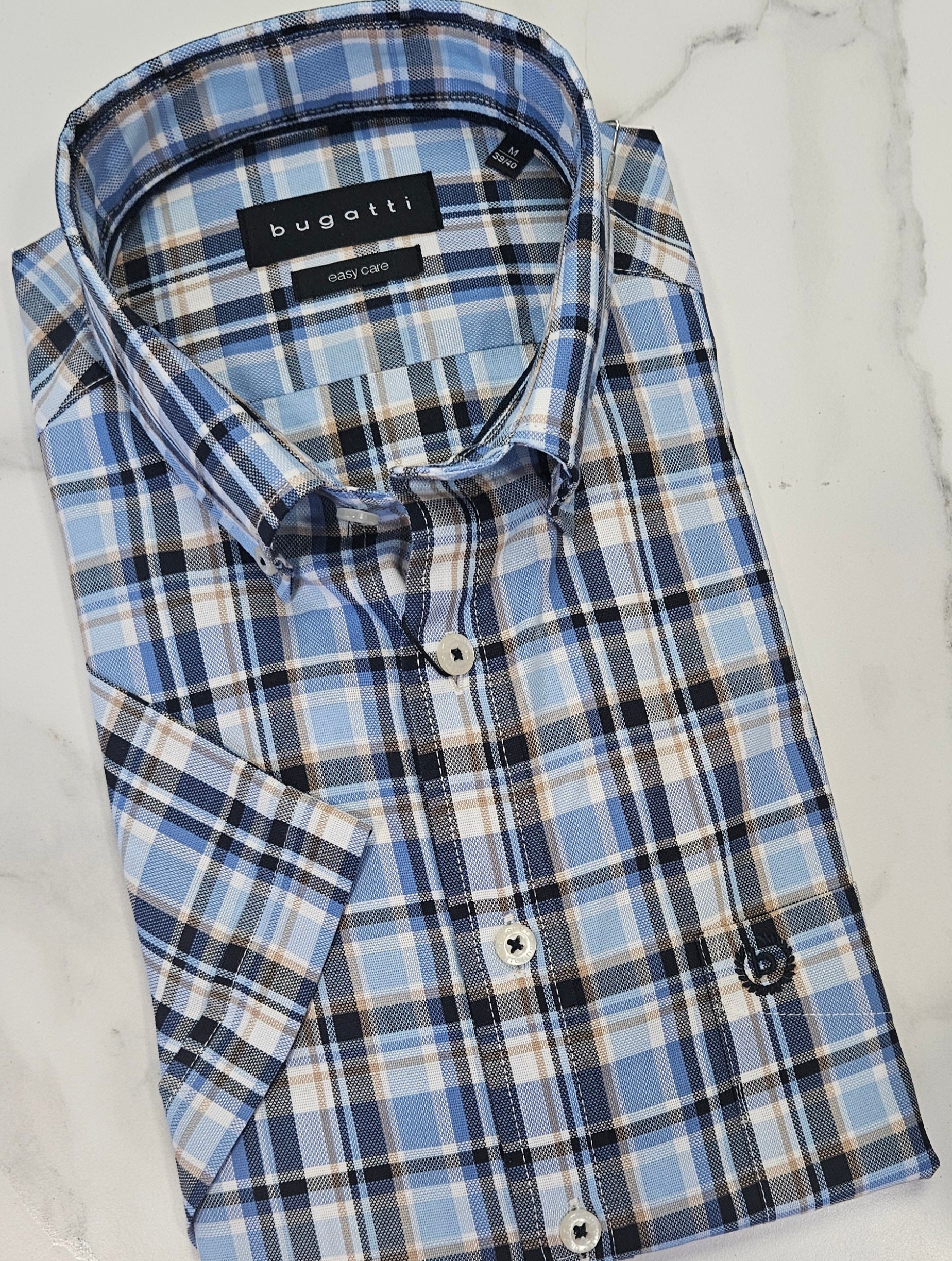 BUGATTI CHECK SHIRT SHORT SLEEVE - BLUE