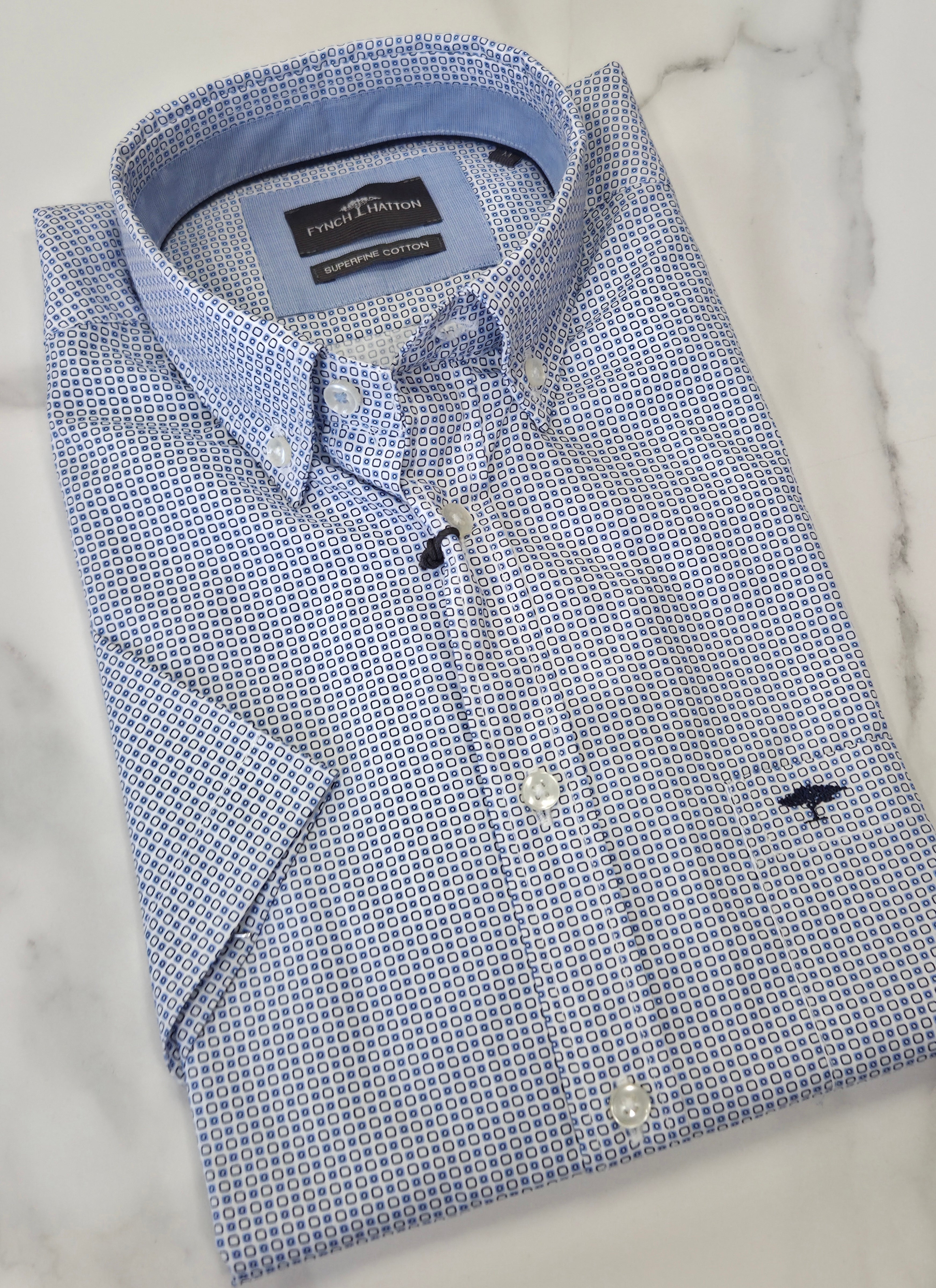 FYNCH HATTON SQUARE PATTERN PRINT S/S SHIRT - BLUE