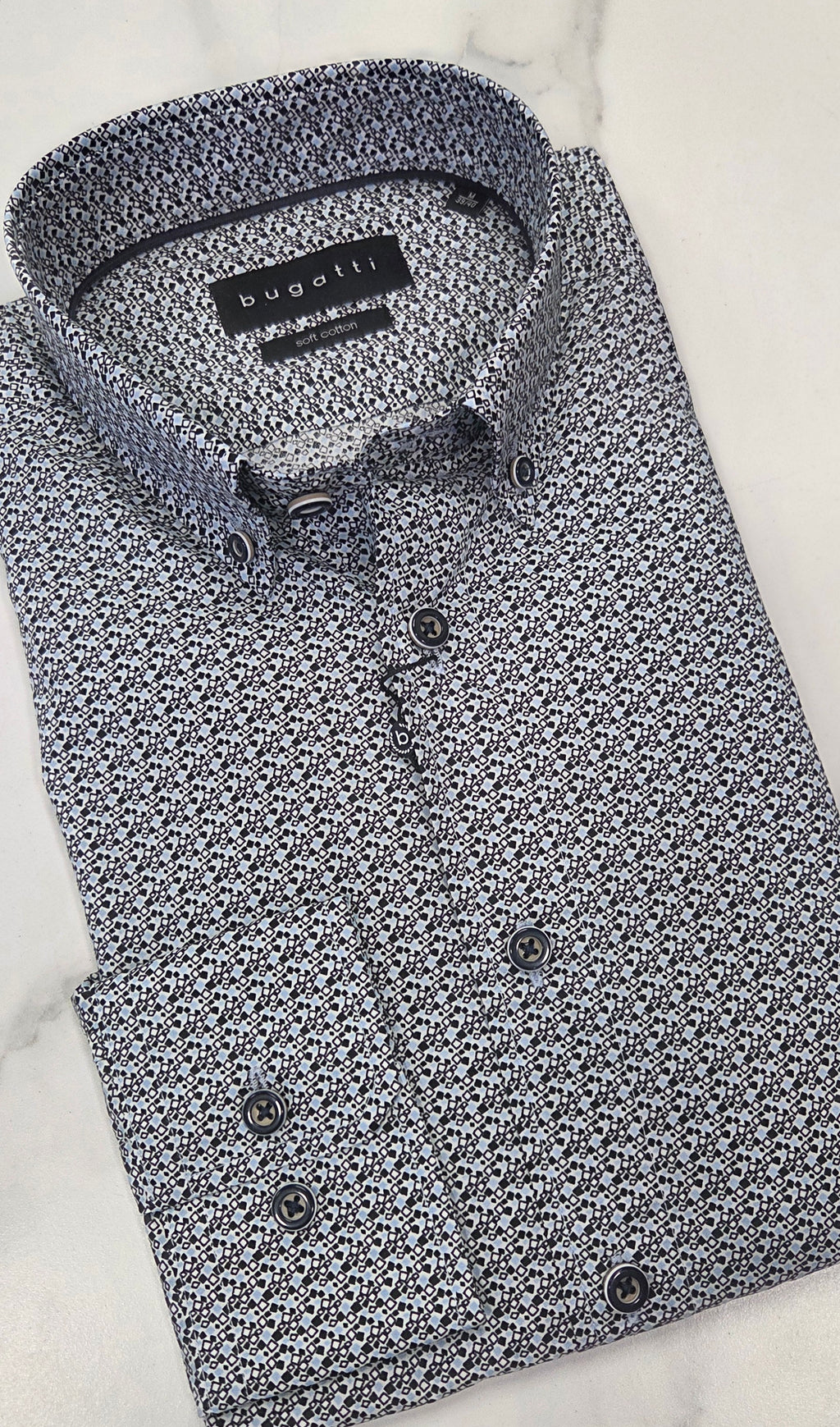 BUGATTI SQUARE PRINT PATTERN L/S SHIRT (28717F/390) - NAVY/BLUE