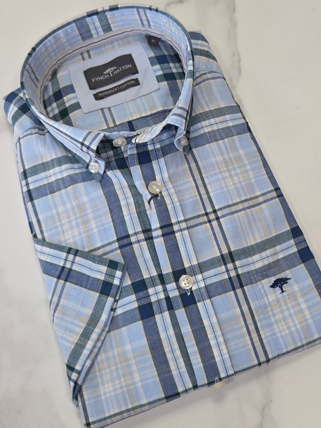FYNCH HATTON CHECK S/S SHIRT (16045031/653) - BLUE/GREEN