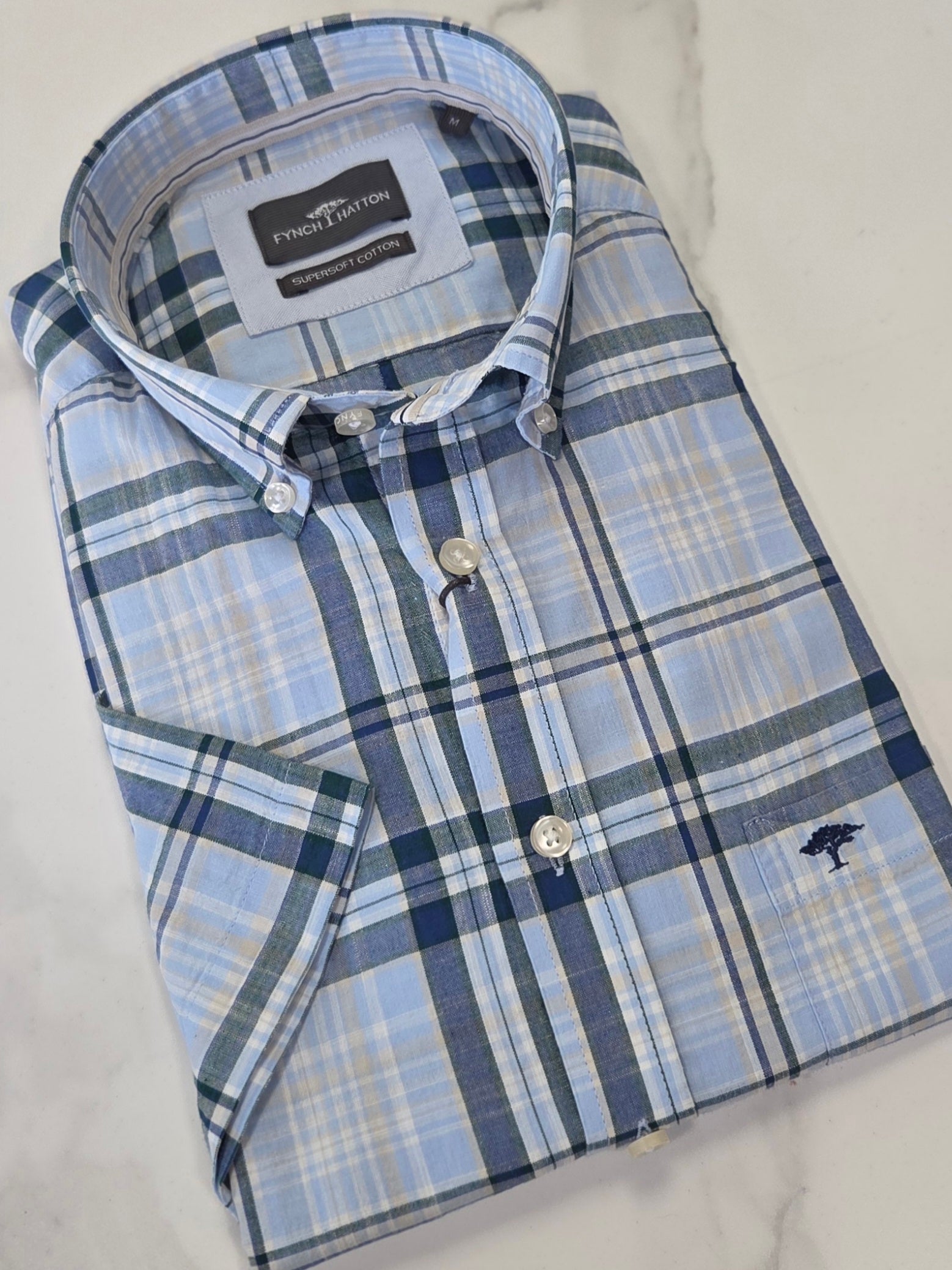 FYNCH HATTON CHECK S/S SHIRT (16045031/653) - BLUE/GREEN