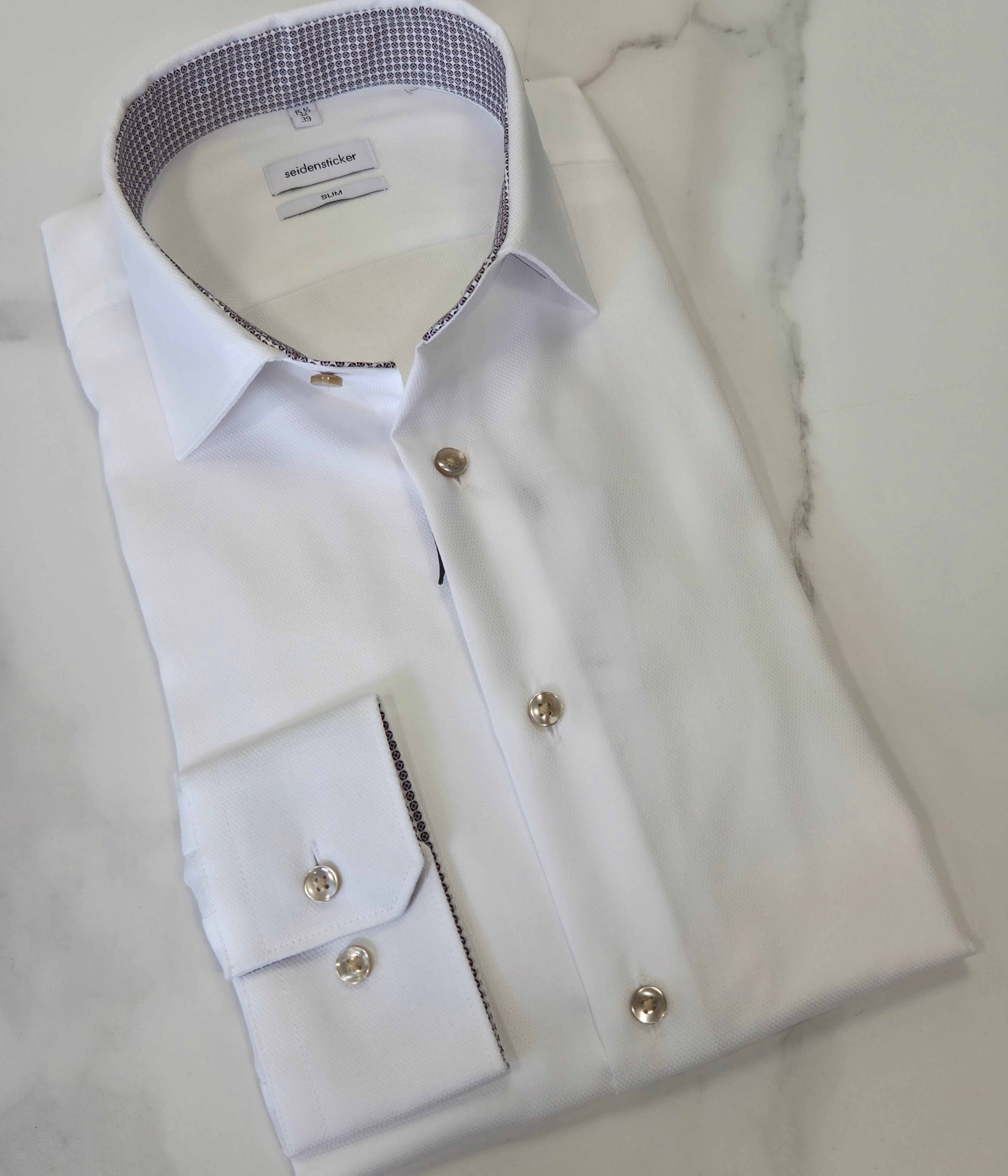 SEIDENSTICKER CIRCLE TRIM COLLAR/CUFF SLIM FIT L/S SHIRT (01.849981)- WHITE