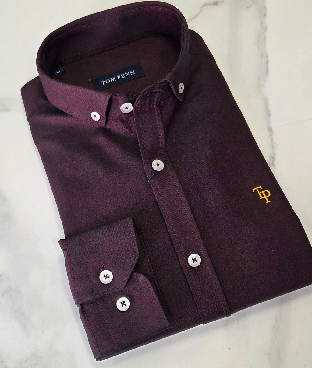 TOM PENN SLIM OXFORD COTTON L/S SHIRT - BURGUNDY