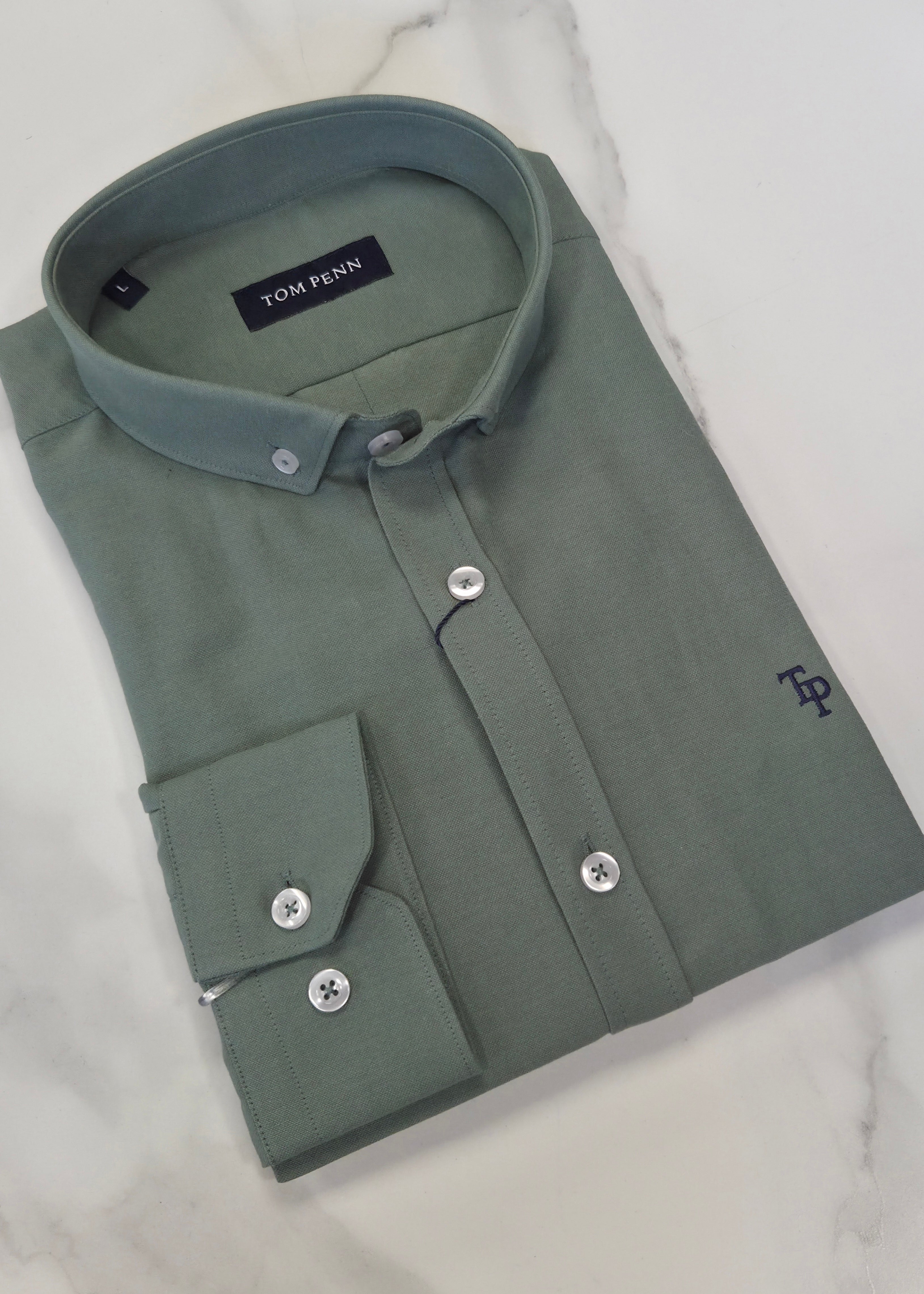 TOM PENN OXFORD COTTON L/S SHIRT - GREEN