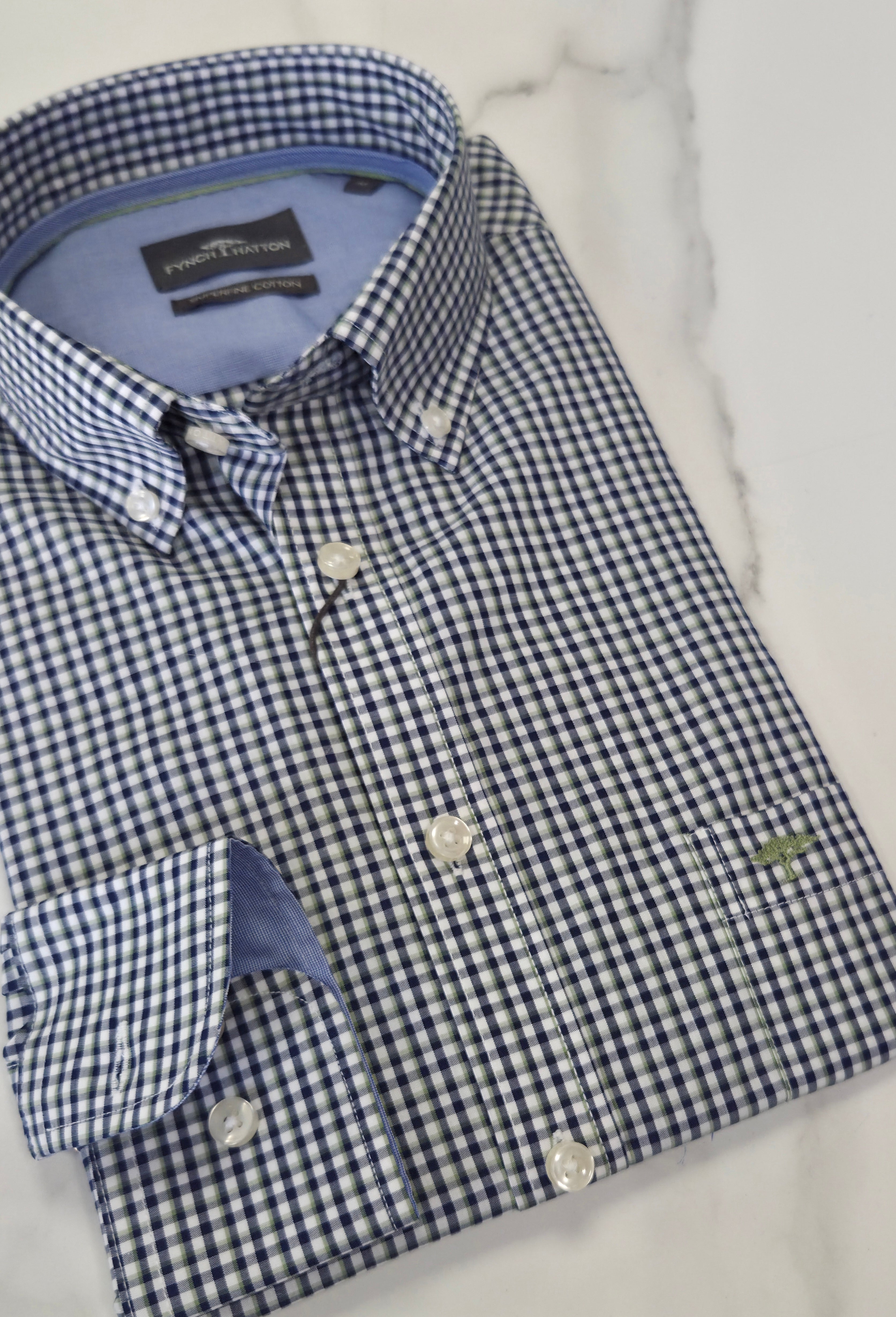 FYNCH HATTON COMBI CHECK L/S SHIRT (16135120) -NAVY/GREEN