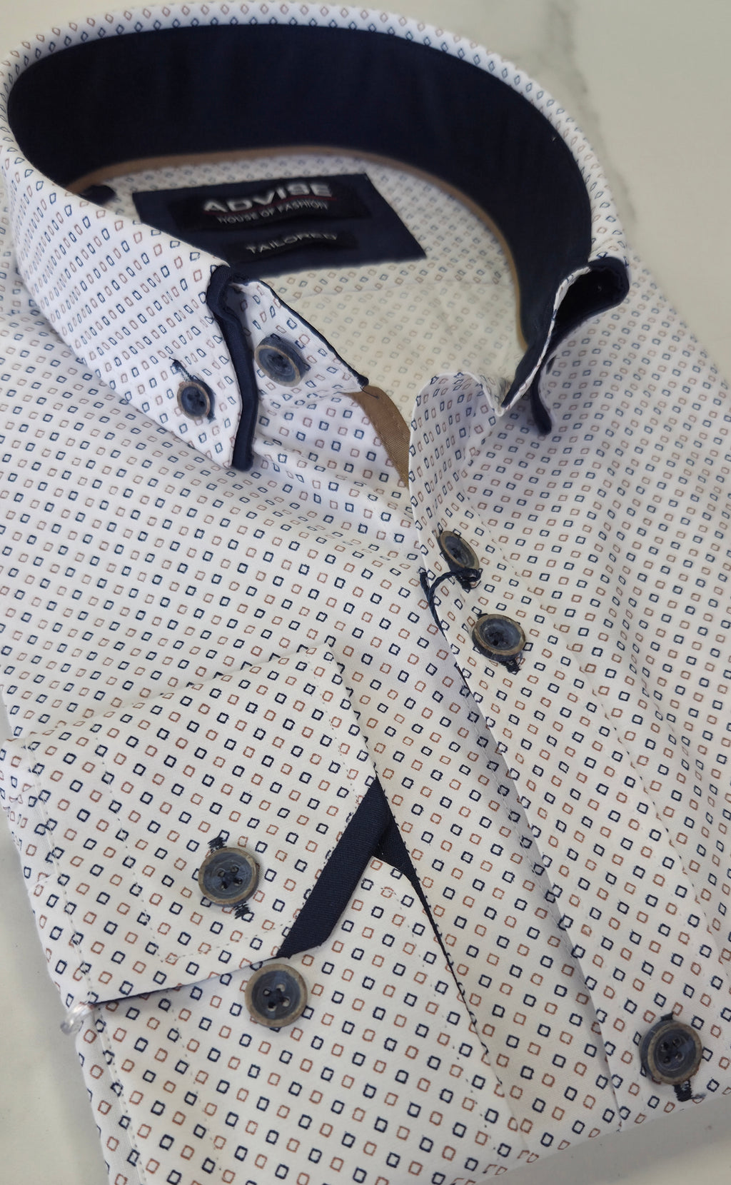 ADVISE DOUBLE COLLAR PATTERN L/S SHIRT - NAVY/BEIGE