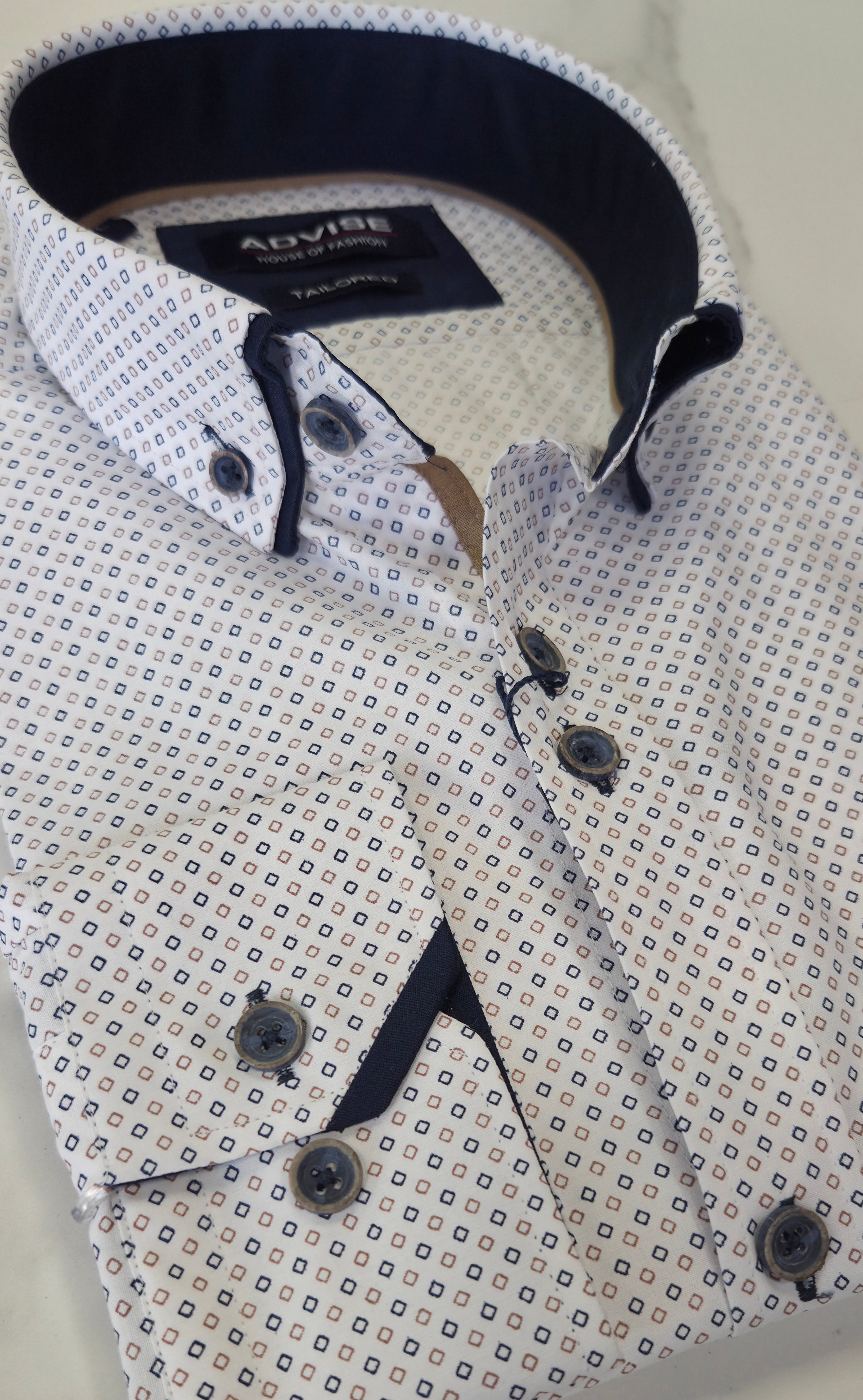 ADVISE DOUBLE COLLAR PATTERN L/S SHIRT - NAVY/BEIGE