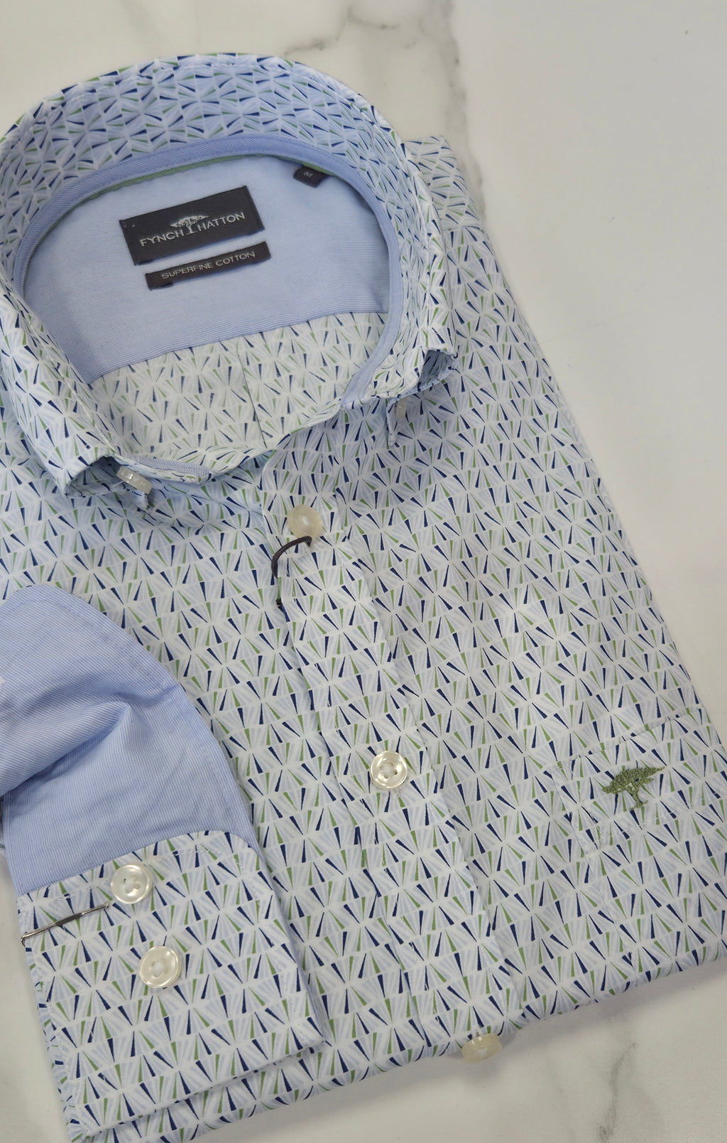 FYNCH HATTON PRINTED L/S SHIRT  - BLUE/GREEN