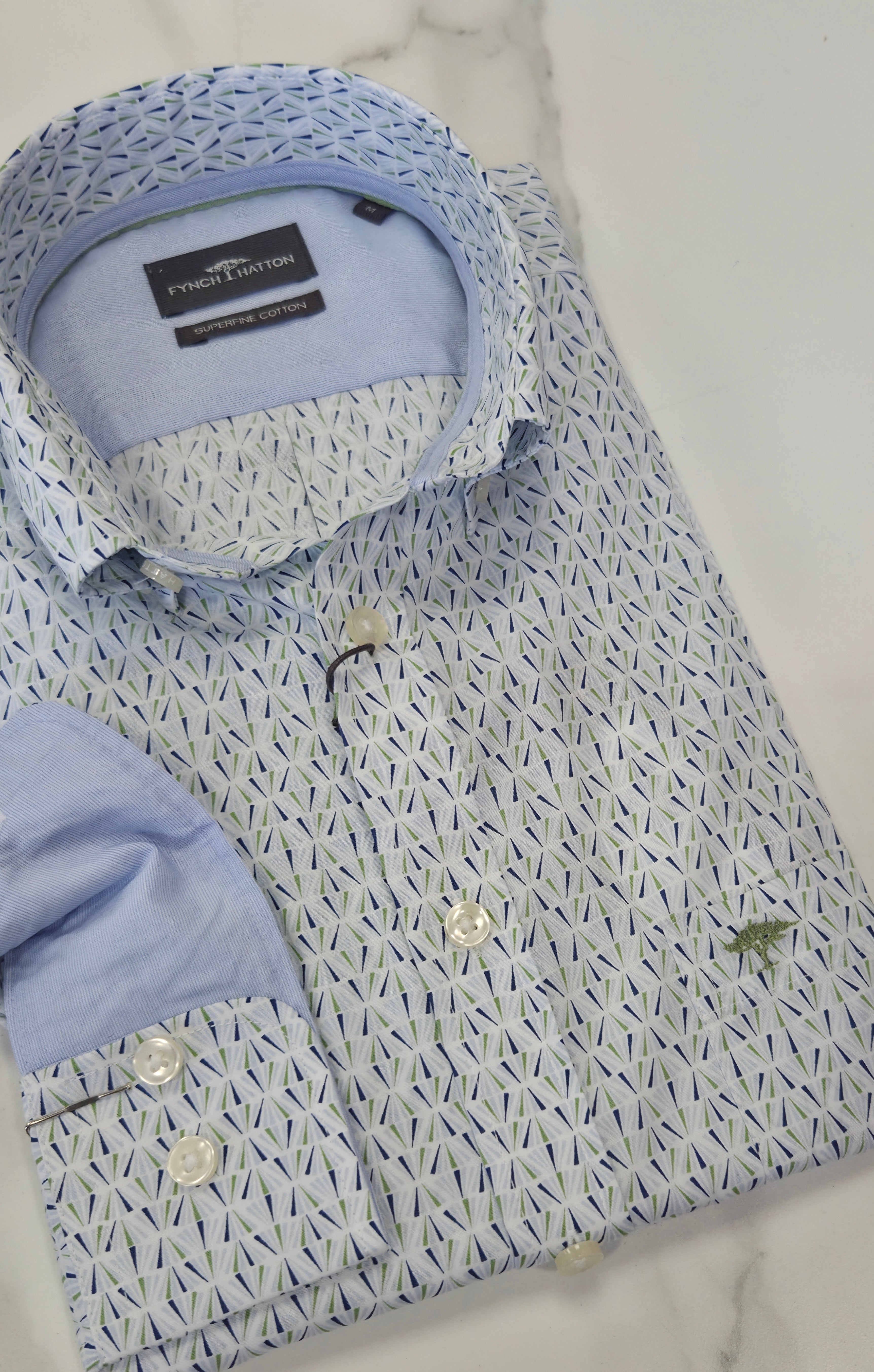 FYNCH HATTON PRINTED L/S SHIRT  - BLUE/GREEN