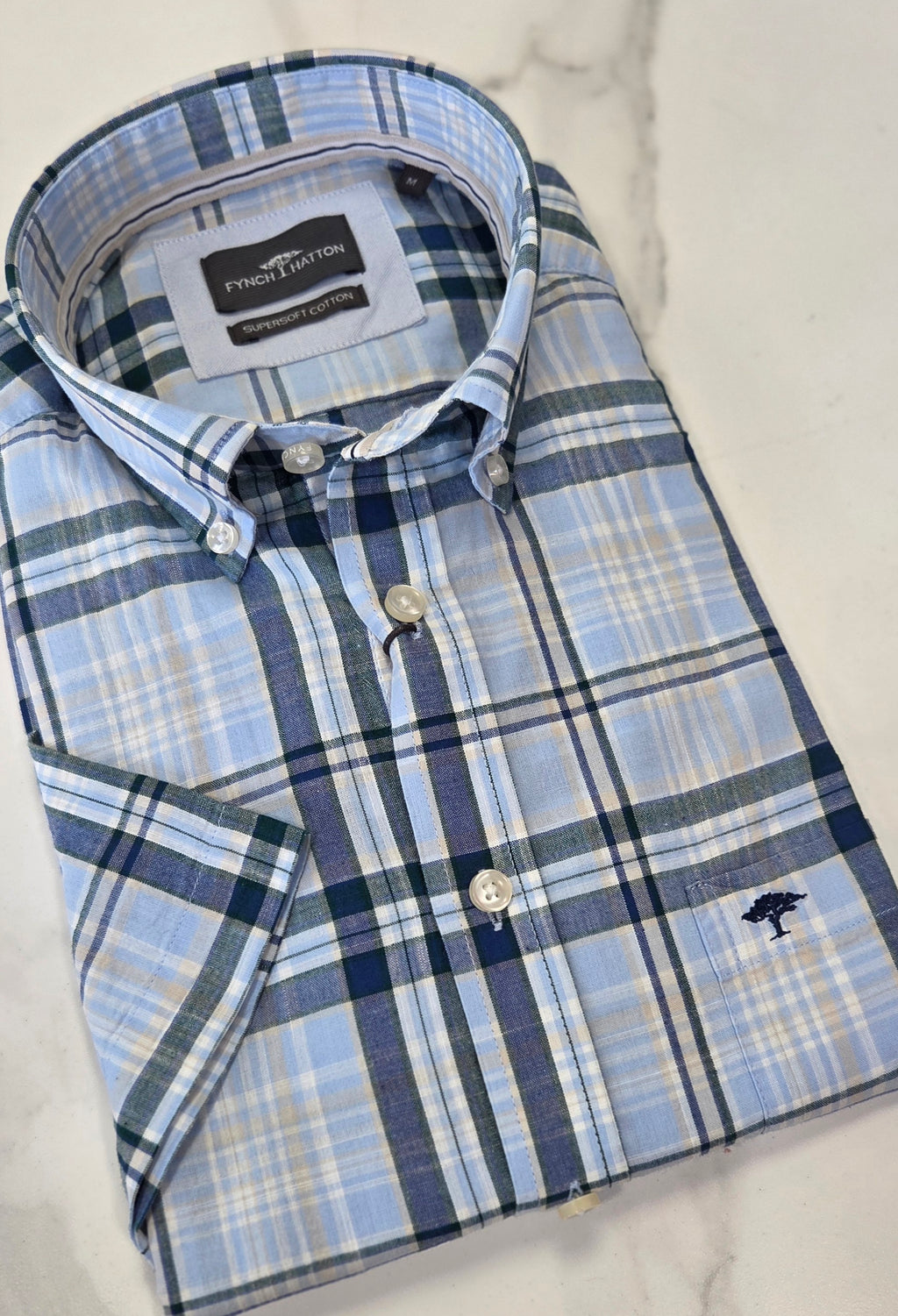 FYNCH HATTON CHECK S/S SHIRT (16045031/653) - BLUE/GREEN