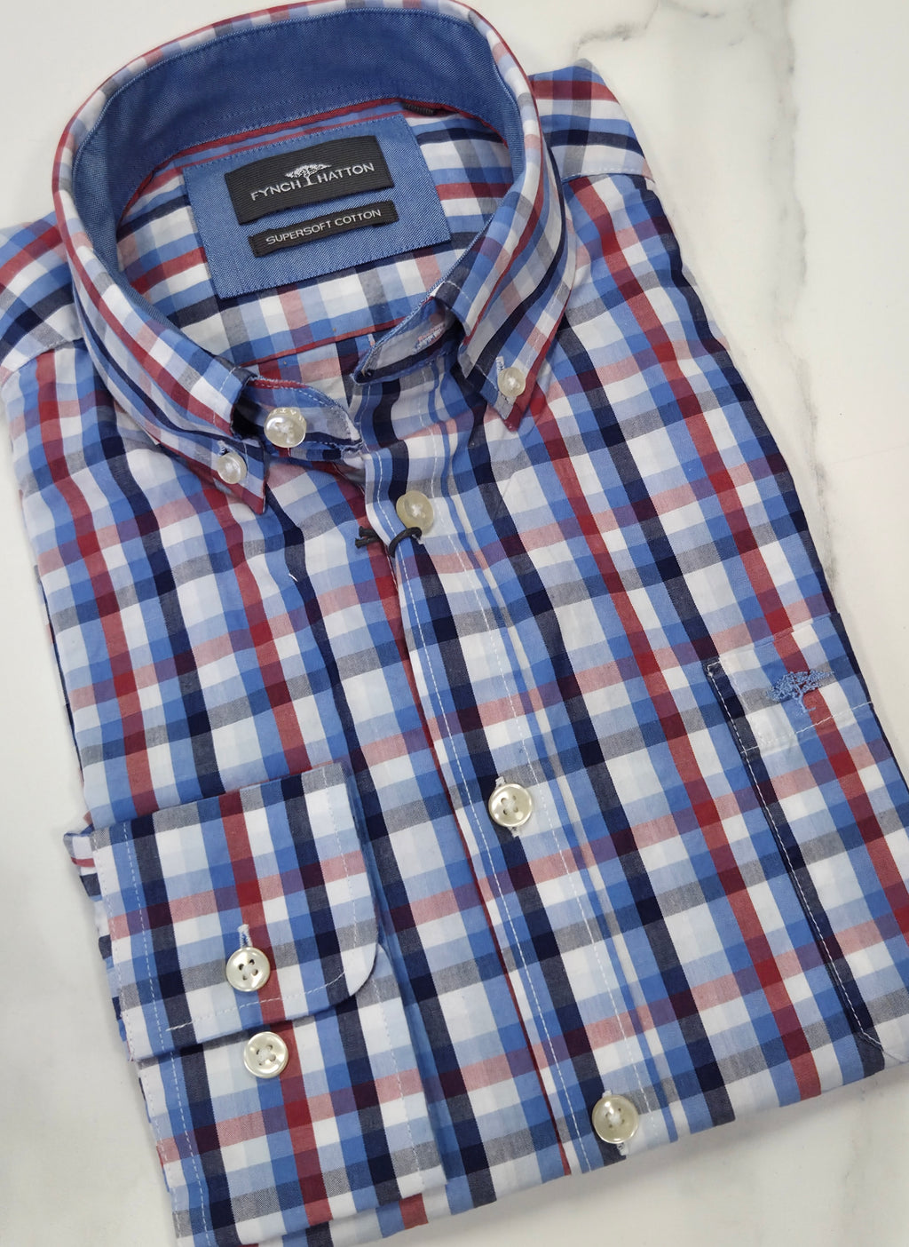 FYNCH HATTON COMBI CHECK L/S SHIRT - BLUE/RED/WHITE