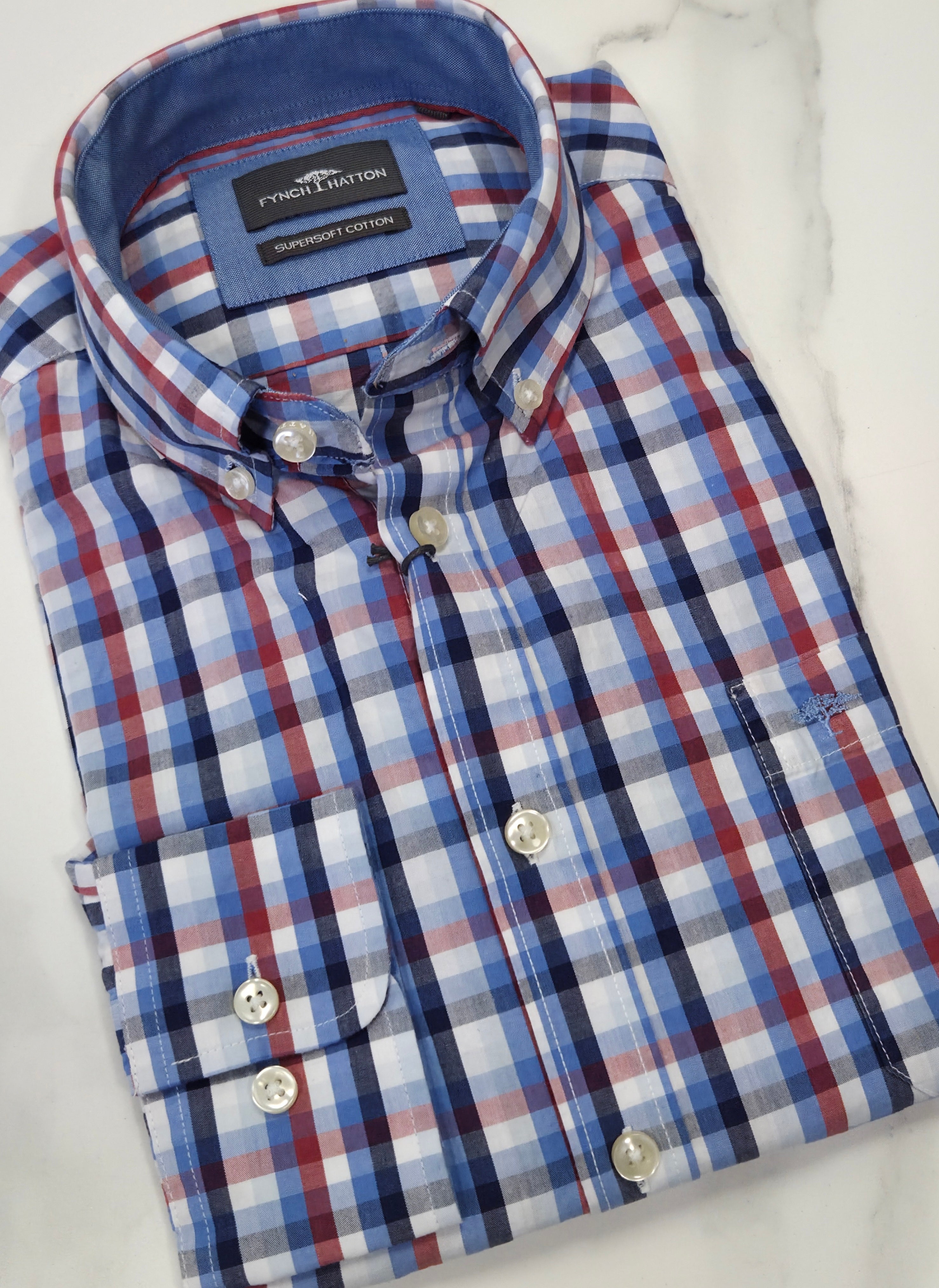 FYNCH HATTON COMBI CHECK L/S SHIRT - BLUE/RED/WHITE