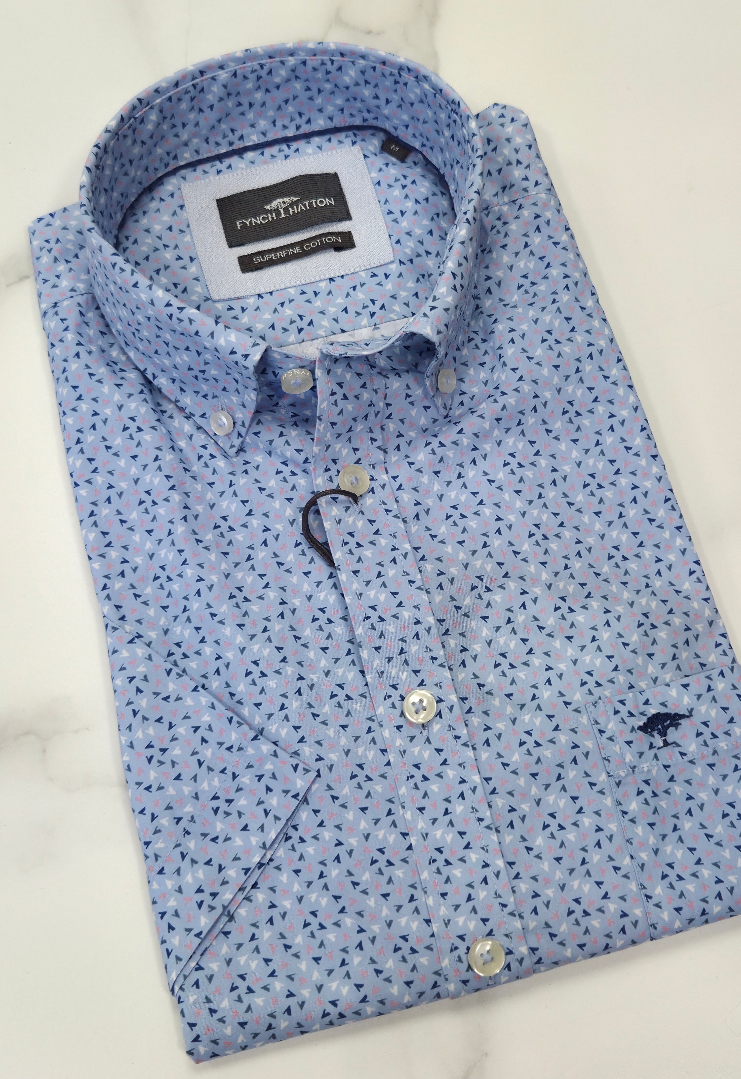 FYNCH HATTON PRINT S/S SHIRT  - BLUE