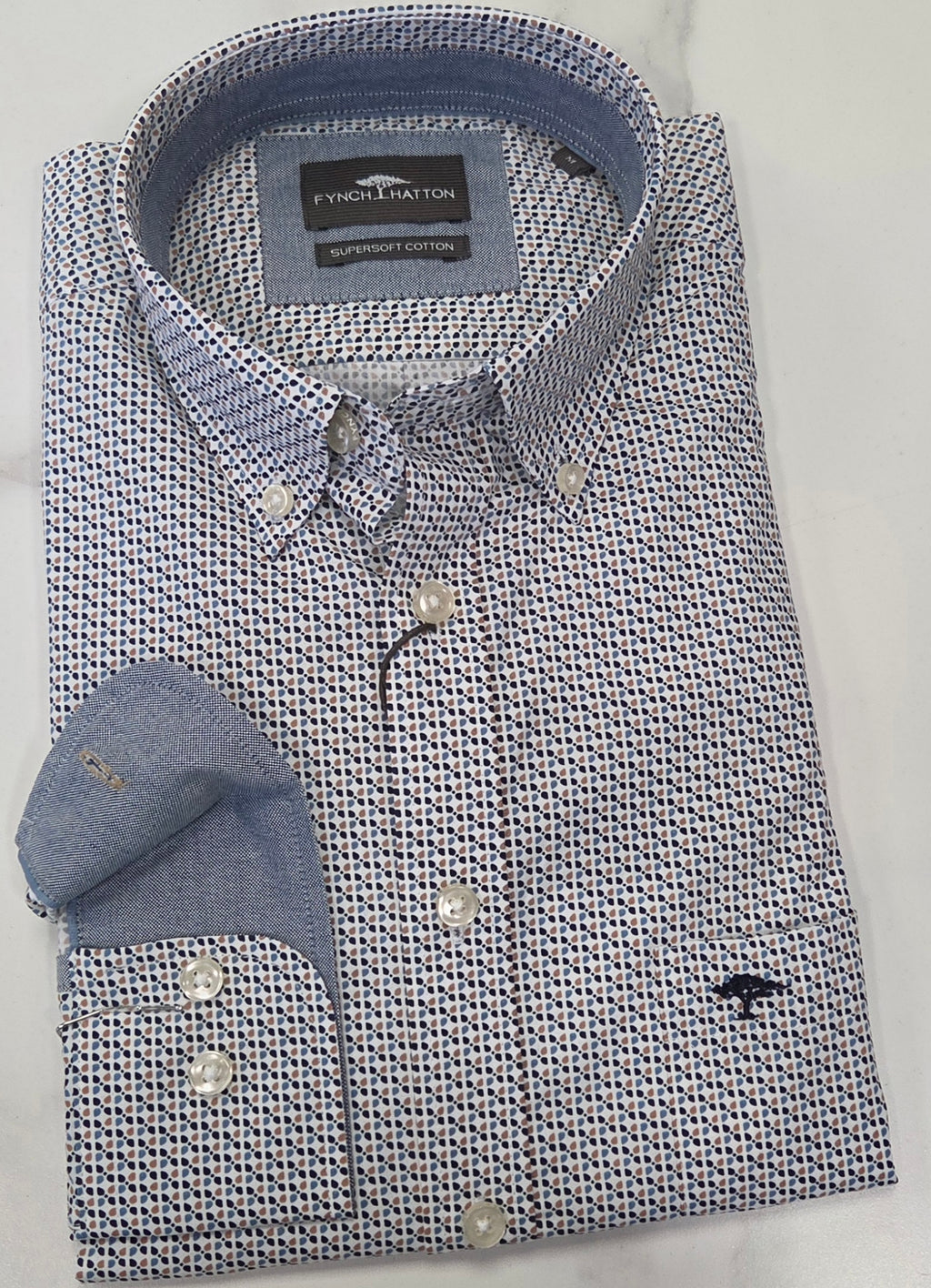 FYNCH HATTON PATTERN L/S SHIRT (16085370/864)- BLUE/BEIGE