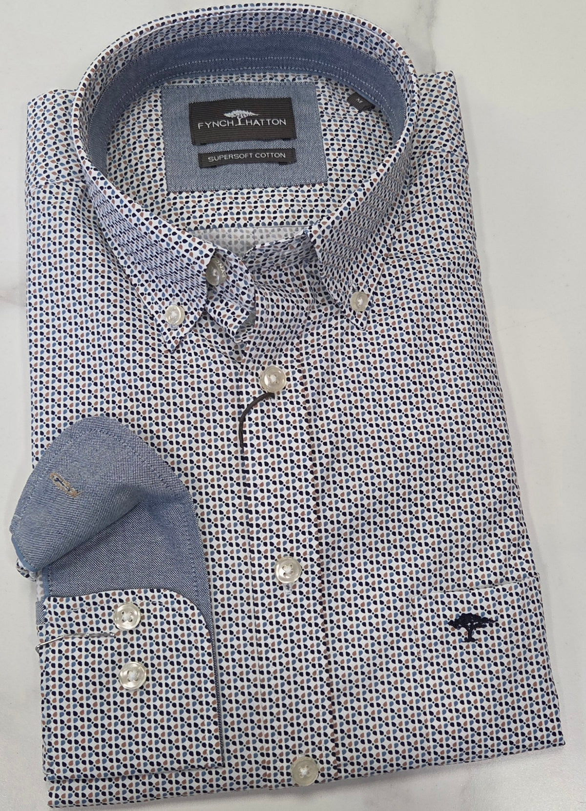 FYNCH HATTON PATTERN L/S SHIRT (16085370/864)- BLUE/BEIGE