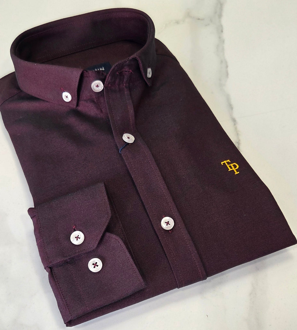 TOM PENN SLIM OXFORD COTTON L/S SHIRT - BURGUNDY