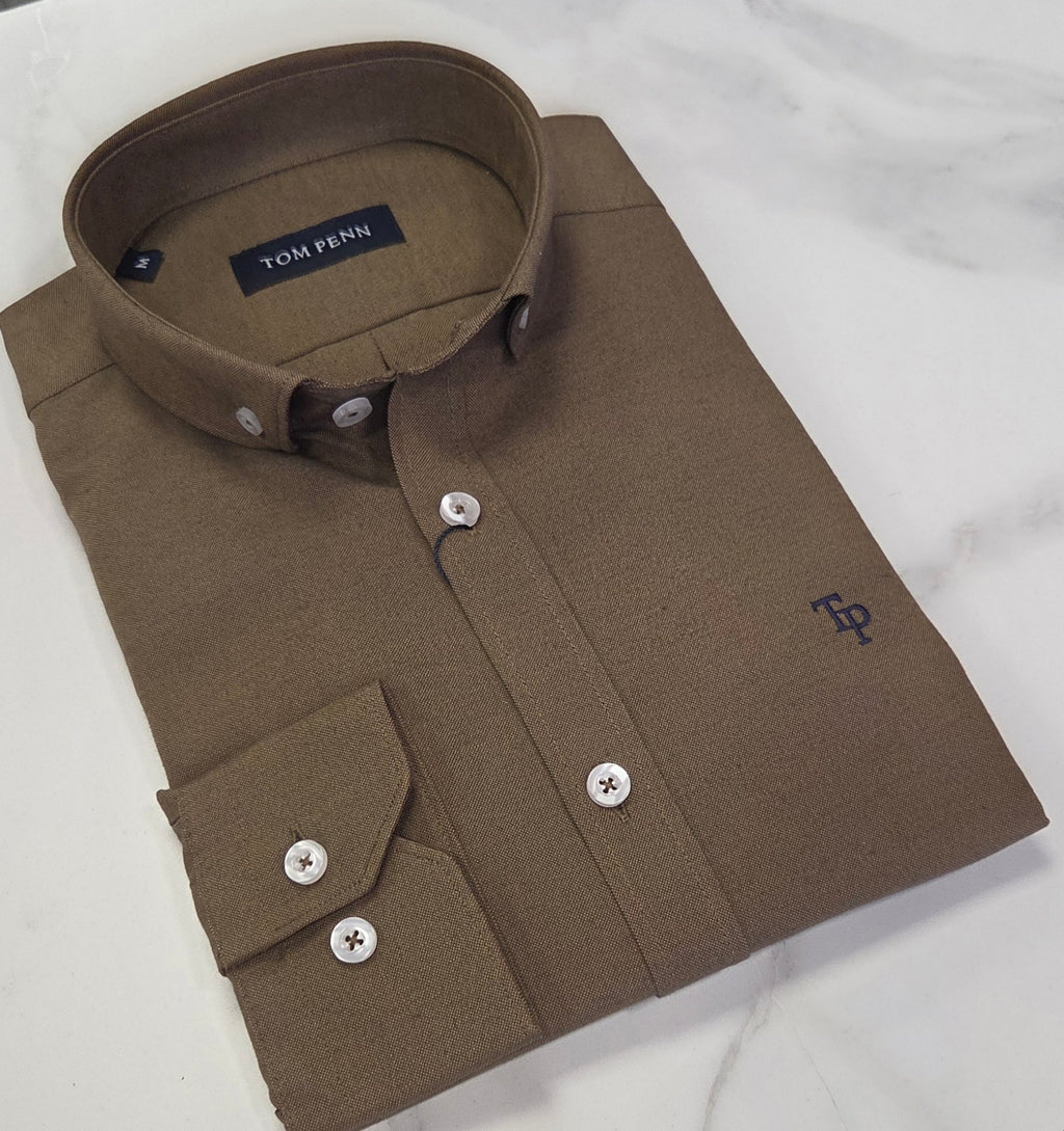 TOM PENN OXFORD COTTON L/S SHIRT - TAN