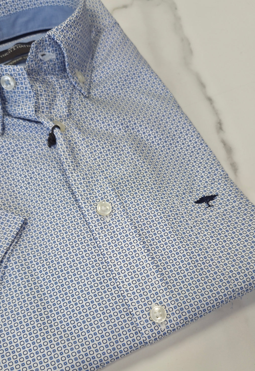 FYNCH HATTON SQUARE PATTERN PRINT S/S SHIRT - BLUE