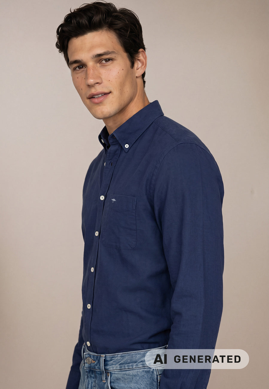 FYNCH HATTON OXFORD COTTON L/S  SHIRT - NAVY