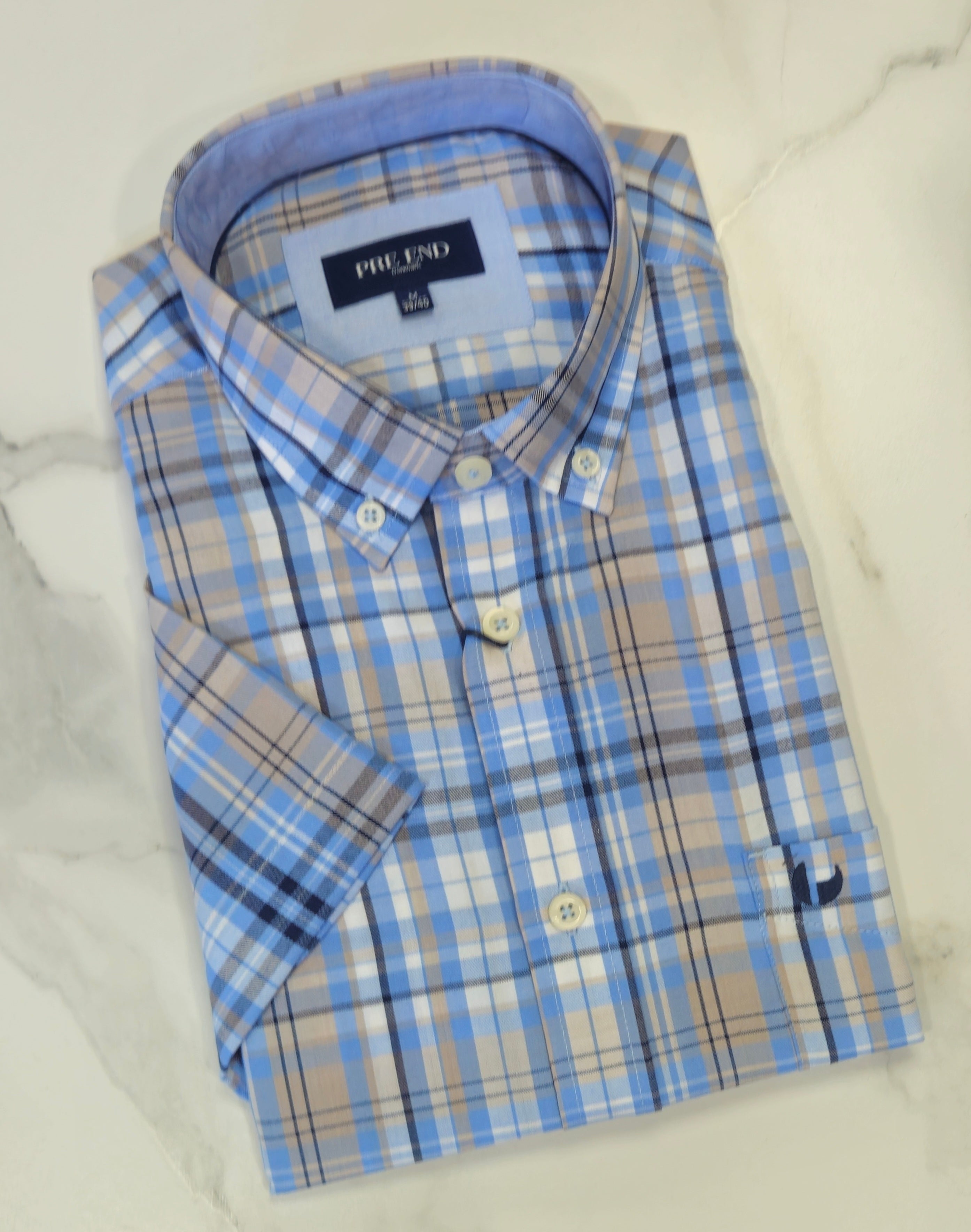 PRE END ROME CHECK S/S SHIRT - BLUE/SAND