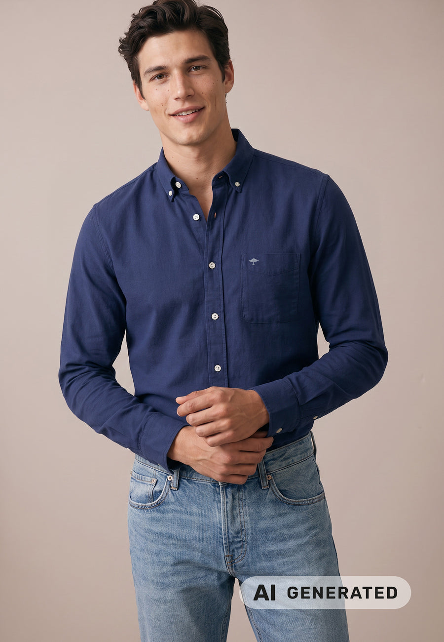 FYNCH HATTON OXFORD COTTON L/S  SHIRT - NAVY