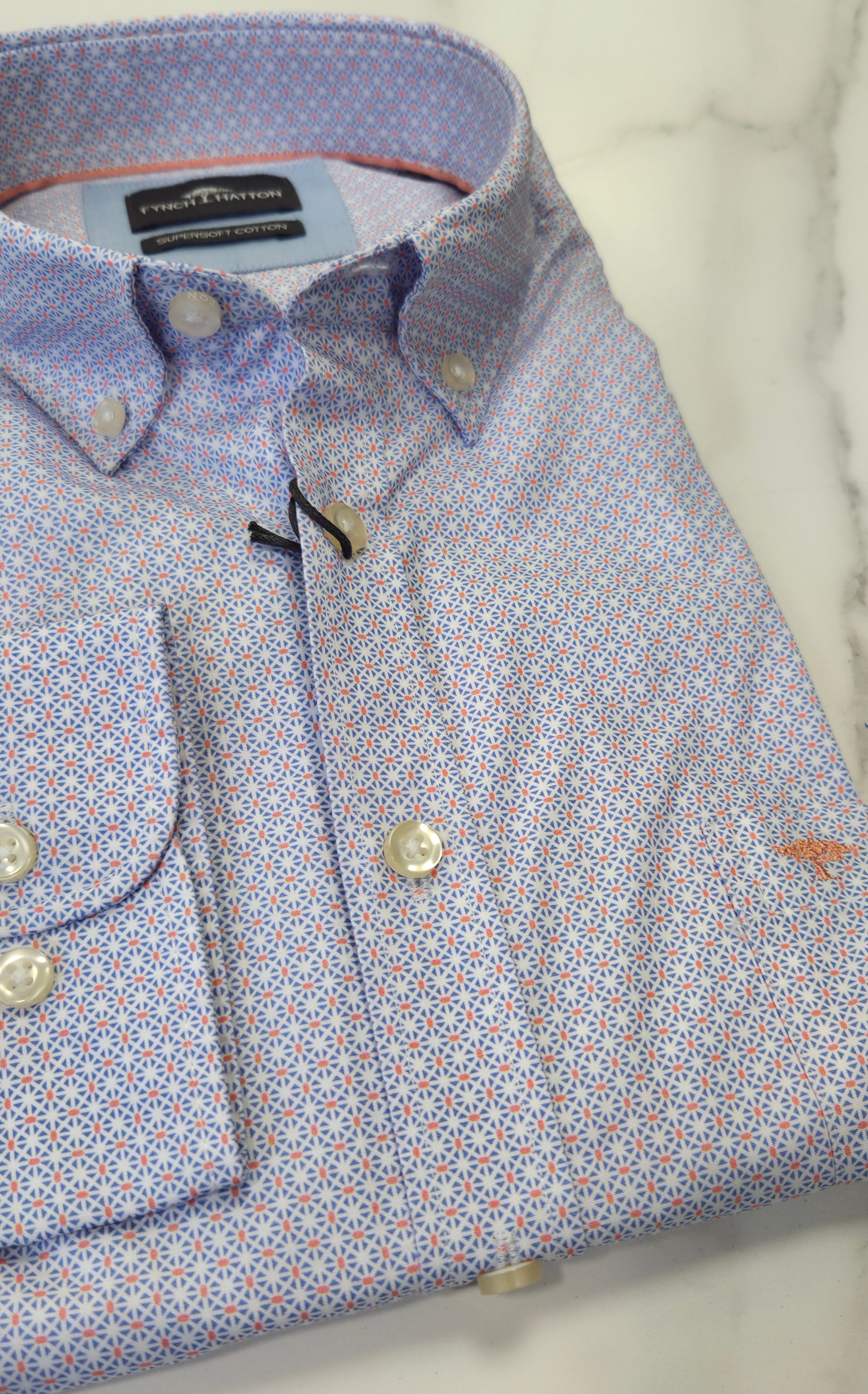 FYNCH HATTON PATTERN PRINT L/S SHIRT - BLUE/ORANGE