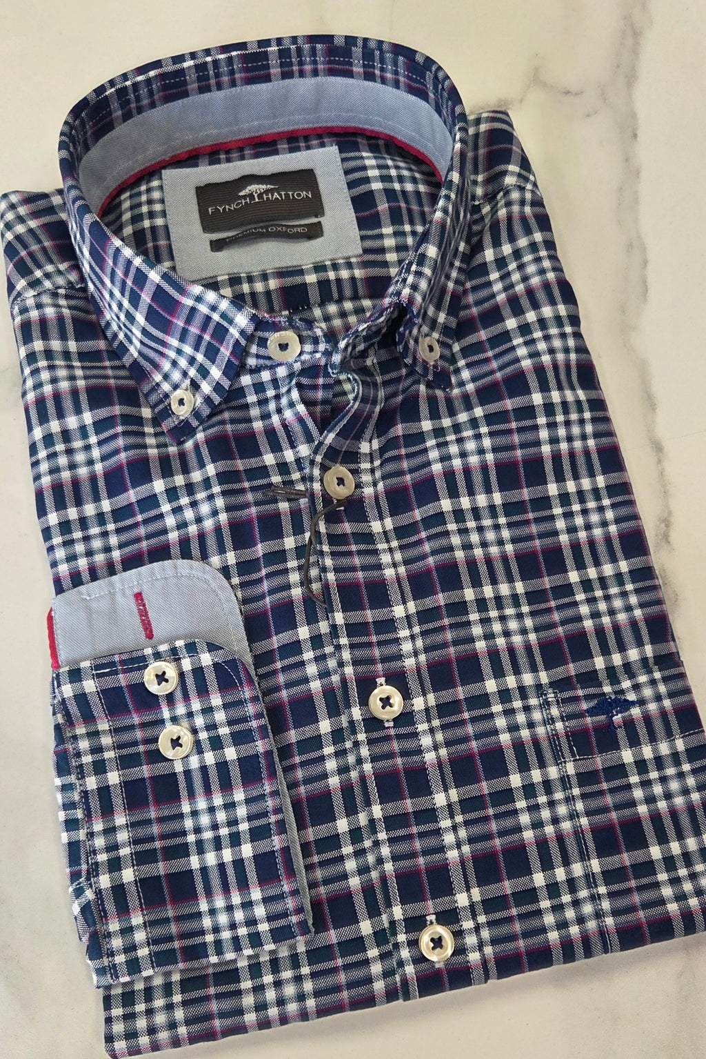 FYNCH HATTON CHECK L/S SHIRT - TEAL/PINK