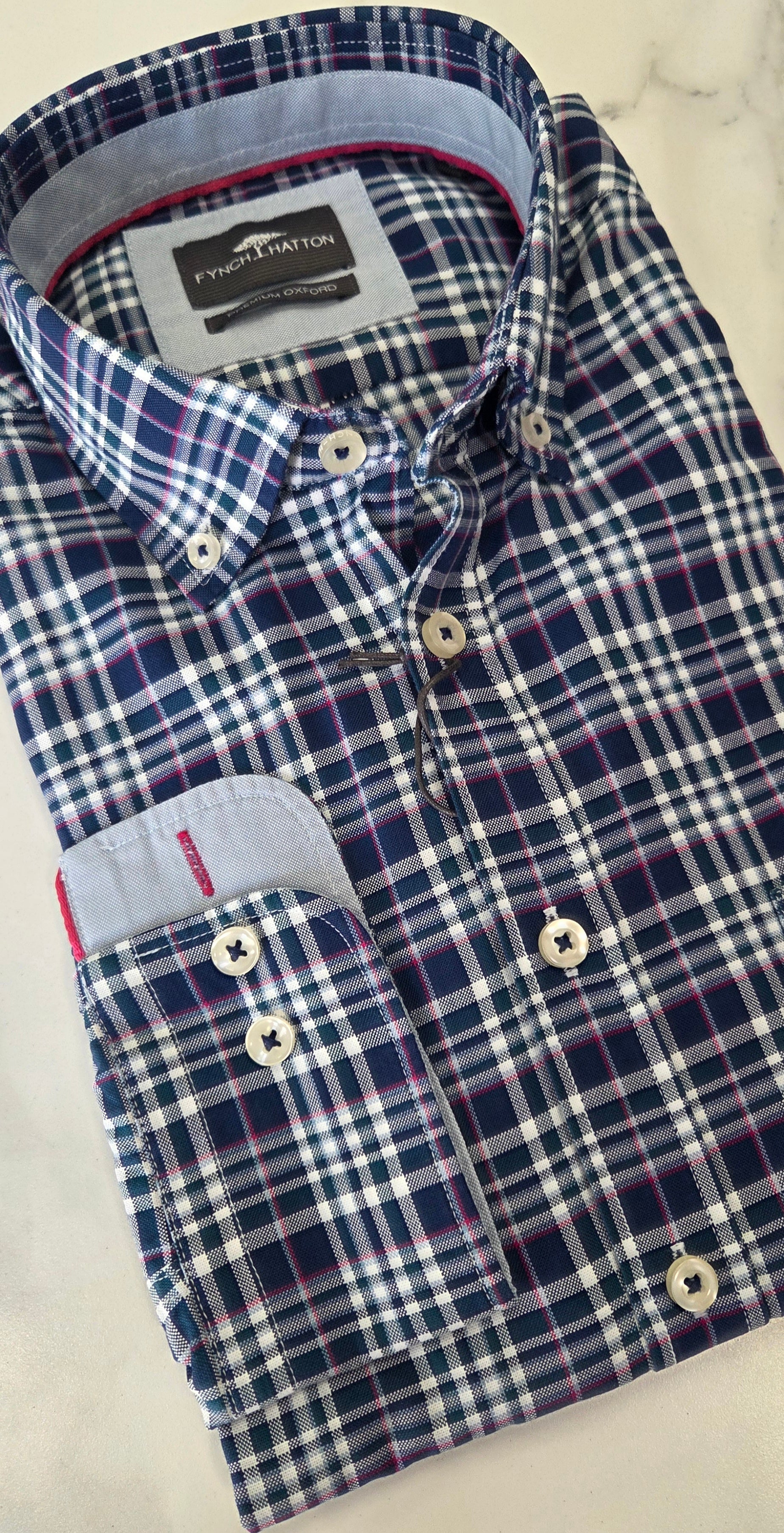 FYNCH HATTON CHECK L/S SHIRT - TEAL/PINK