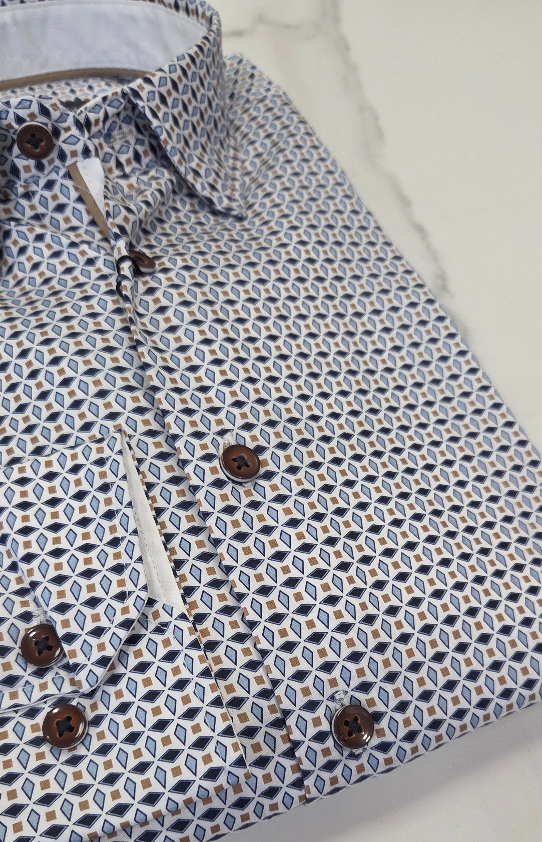 BUGATTI PATTERN L/S SHIRT  - BLUE/BEIGE